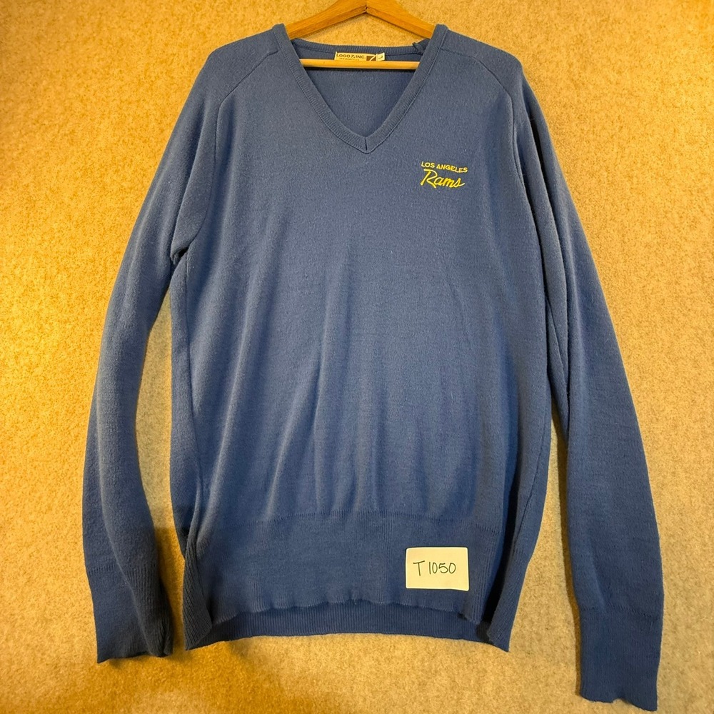 Vintage Logo 7 Los Angeles Rams V-Neck Sweater Mens Large Blue NFL Made in USA‎